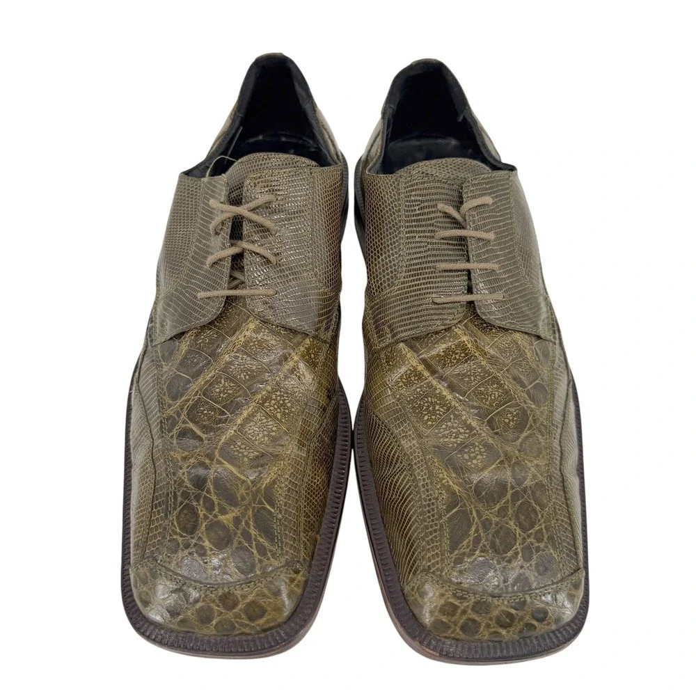 David Eden Green Exotic Lizard Crocodile Leather Dress Shoes Mens 8.5 Square Toe